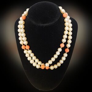 VTG Monet Pearl Necklace Coral Accents Gold Spacers FAUX Pearls, Coral Beads 34"